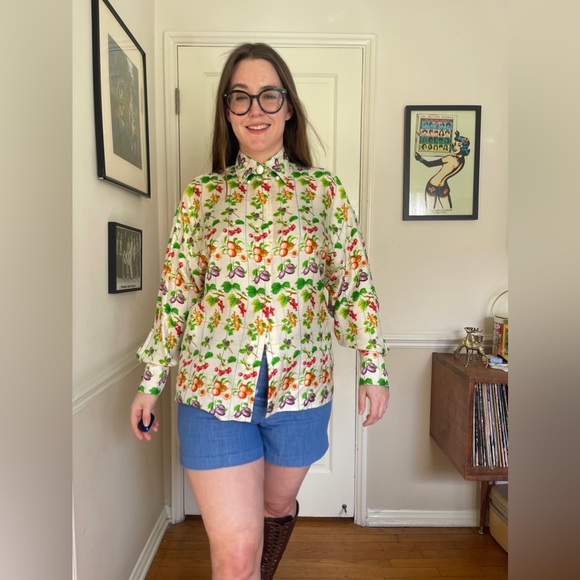 90s Vintage Gianni Versace Fruit Print Silk Blouse - Picture 2 of 13